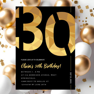 Elegant black and gold 30th Birthday Party Invitation