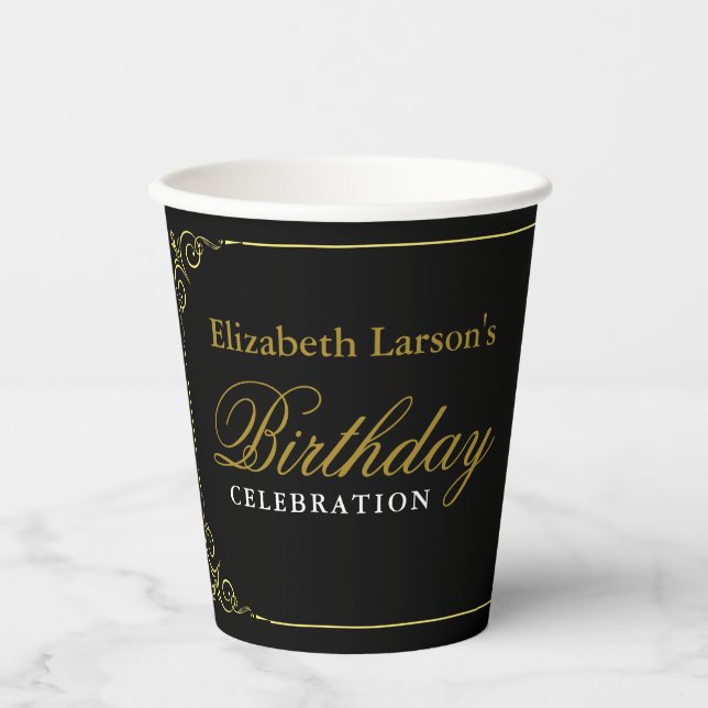 Elegant Black and Gold 50th Birthday Invitation Paper Cups (Front)