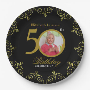 Elegant Black and Gold 50th Birthday Invitation Paper Plate