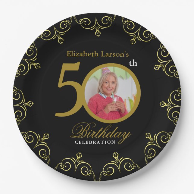 Elegant Black and Gold 50th Birthday Invitation Paper Plate (Front)