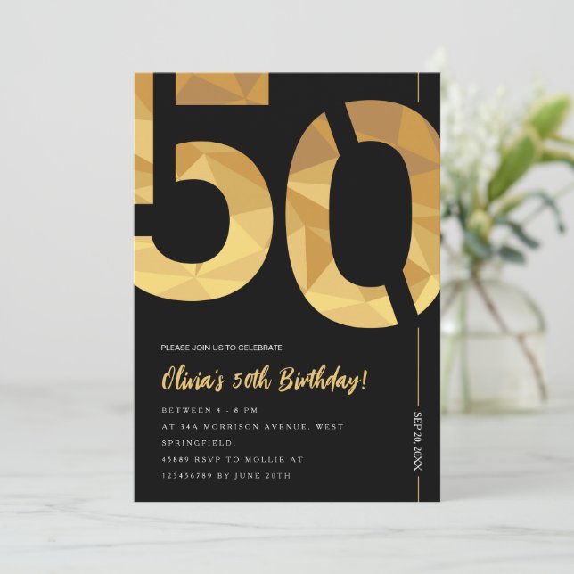 Elegant black and gold 50th Birthday Party Invitation (Standing Front)