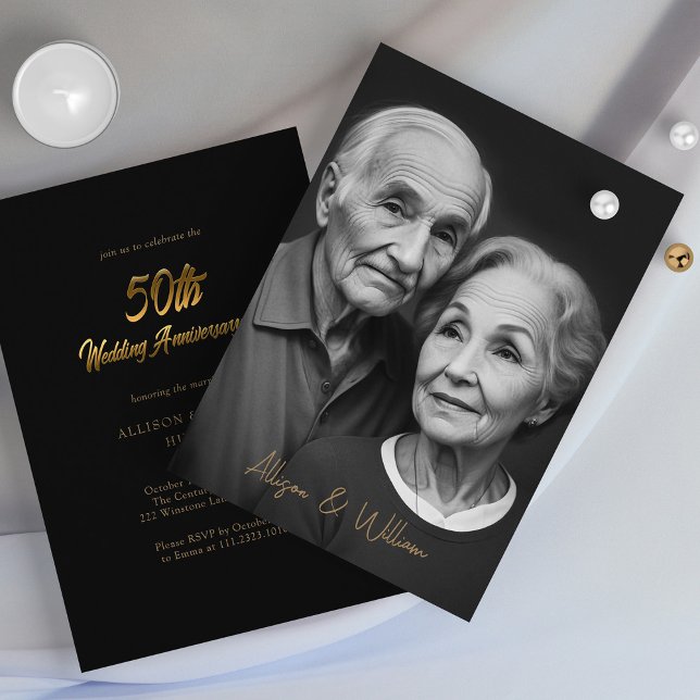 Elegant Black and Gold: 50th Wedding Anniversary Invitation (Elegant Black and Gold 50th Wedding Anniversary Invitation)
