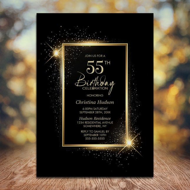 Elegant Black and Gold 55th Birthday Party Invitation (Creator Uploaded)