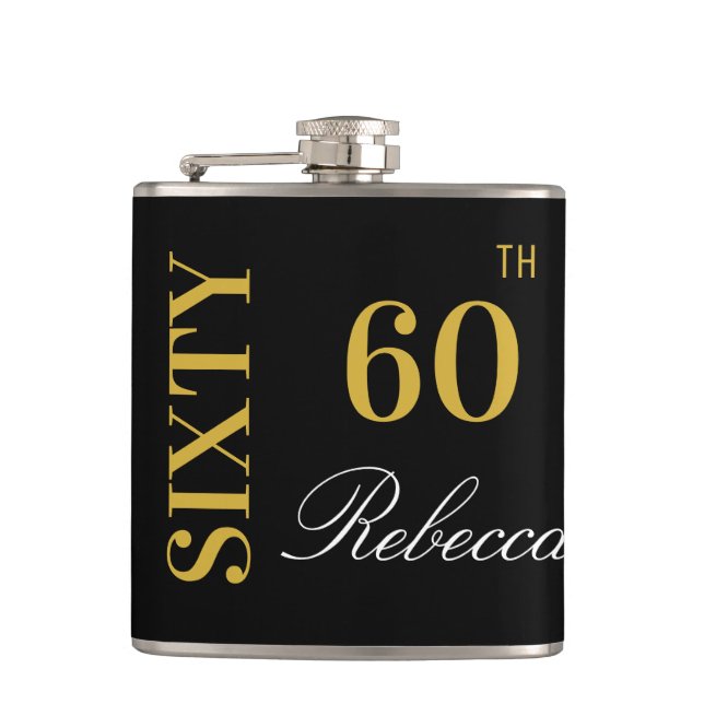Elegant Black and Gold 60th Birthday Custom  Hip Flask (Front)