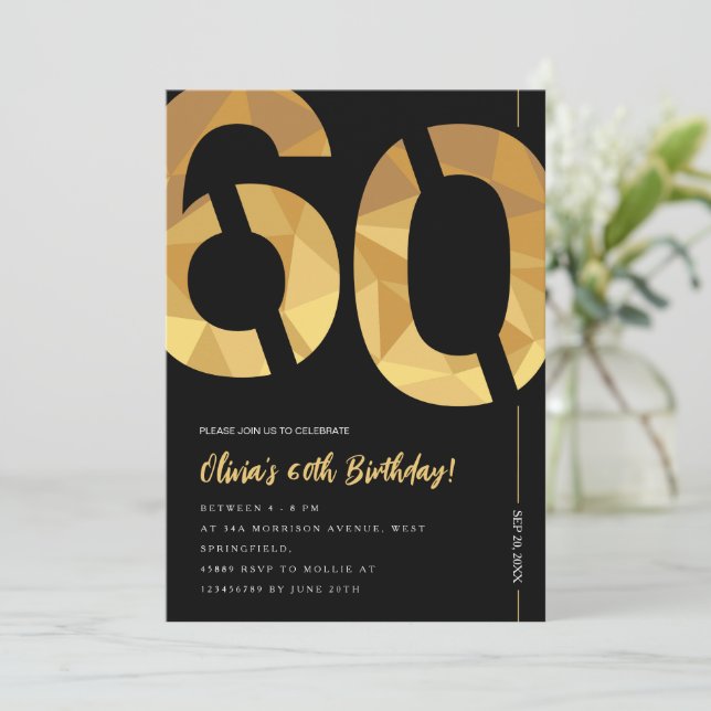 Elegant black and gold 60th Birthday Party Invitation (Standing Front)