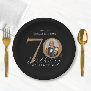 Elegant Black and Gold 70th Birthday Paper Plate