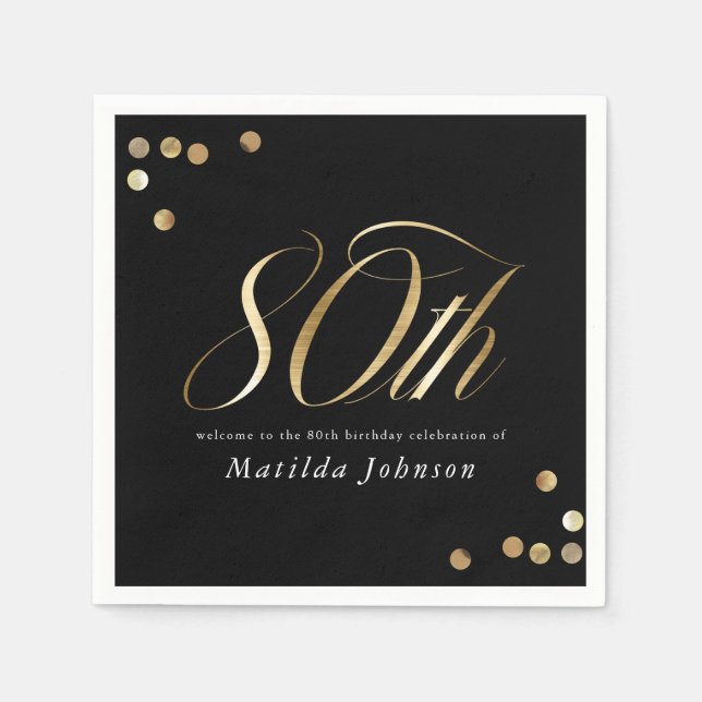 Elegant Black and Gold 80th Birthday Party Napkin (Front)