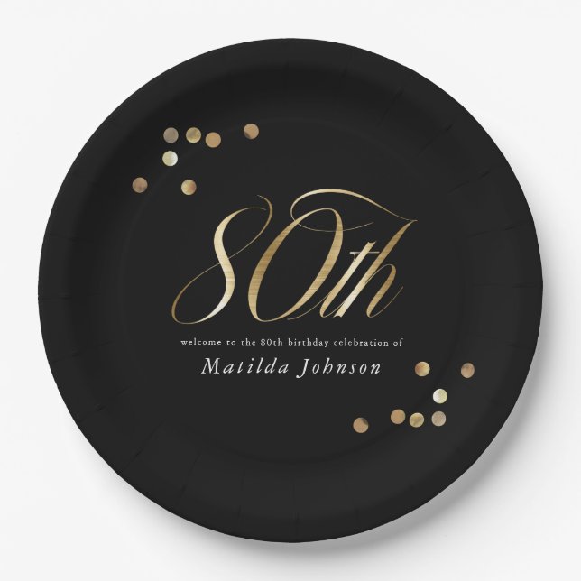 Elegant Black and Gold 80th Birthday Party Paper Plate (Front)