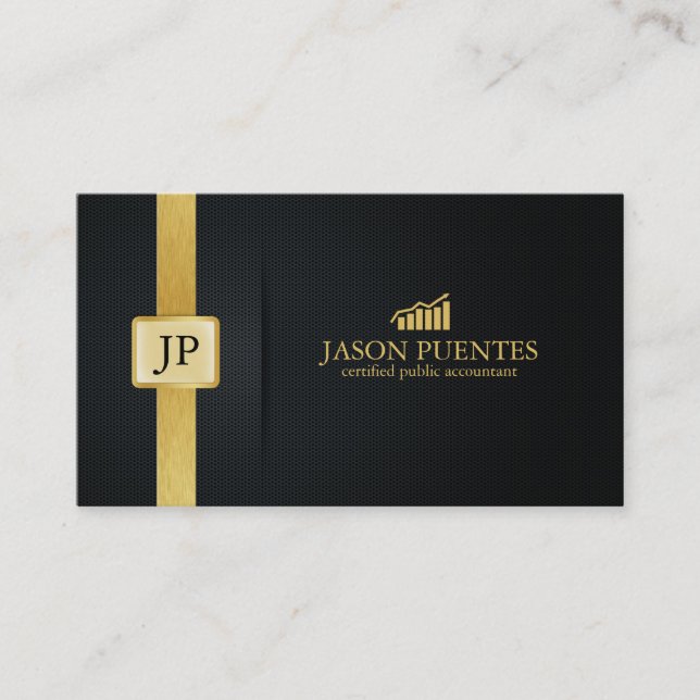 Elegant Black and Gold Accounting with graph logo Business Card (Front)