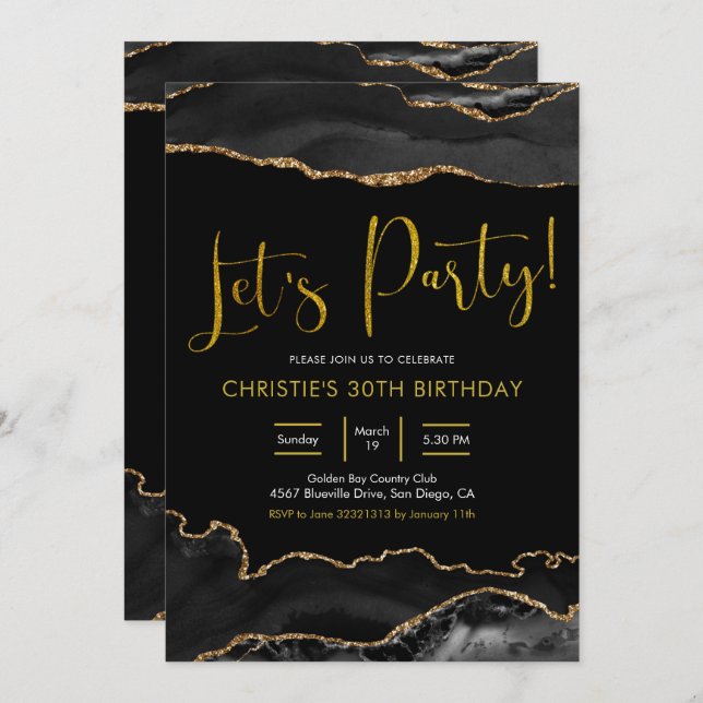 Elegant Black and Gold Agate Let's Party Invitation (Front/Back)