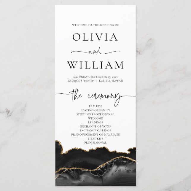 Elegant Black and Gold Agate Wedding Program Menu (Front)