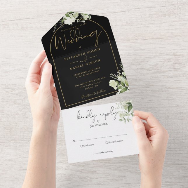 Elegant Black And Gold Arch Greenery Wedding All In One Invitation (Tearaway)