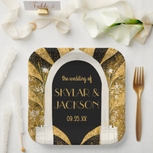 Elegant Black and Gold Art Deco Archway Wedding Paper Plate