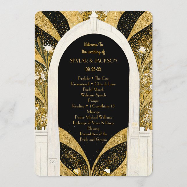 Elegant Black and Gold Art Deco Archway Wedding Programme (Front)