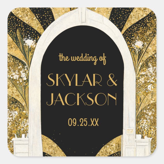 Elegant Black and Gold Art Deco Archway Wedding Square Sticker (Front)