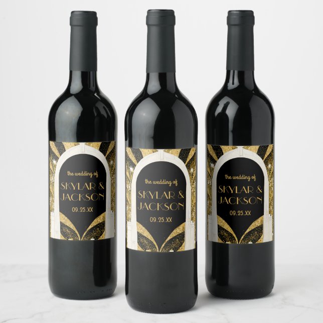 Elegant Black and Gold Art Deco Archway Wedding Wine Label (Bottles)