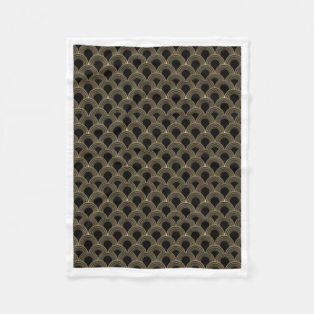 Elegant Black and Gold Art Deco Fan Pattern Fleece Blanket (Front)
