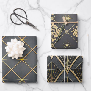 Elegant Black and Gold Art Deco Patterns Wrapping Paper Sheet