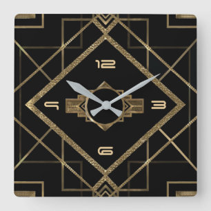 Elegant black and gold art deco square wall clock