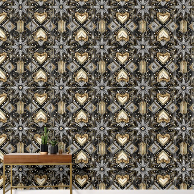 Elegant Black and Gold Art Deco Star Pattern  Wallpaper (Hallway)