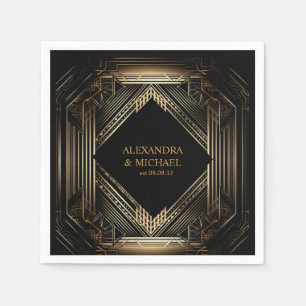 Elegant Black and Gold Art Deco Wedding Napkin