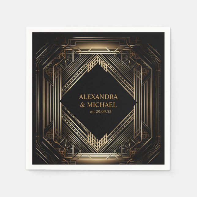 Elegant Black and Gold Art Deco  Wedding Napkin (Front)