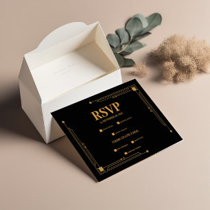 Elegant Black and Gold Art Deco  Wedding RSVP Card