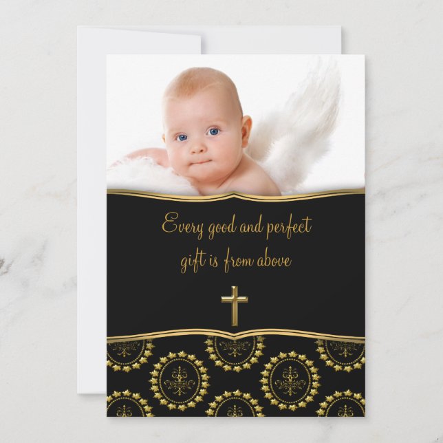 Elegant Black and Gold Baby Photo Christening Invitation (Front)
