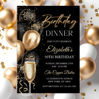 Elegant Black and Gold Balloons Birthday Dinner Invitation