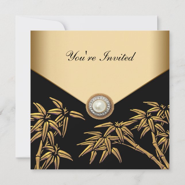 Elegant Black and Gold Bamboo Party Invitation (Front)