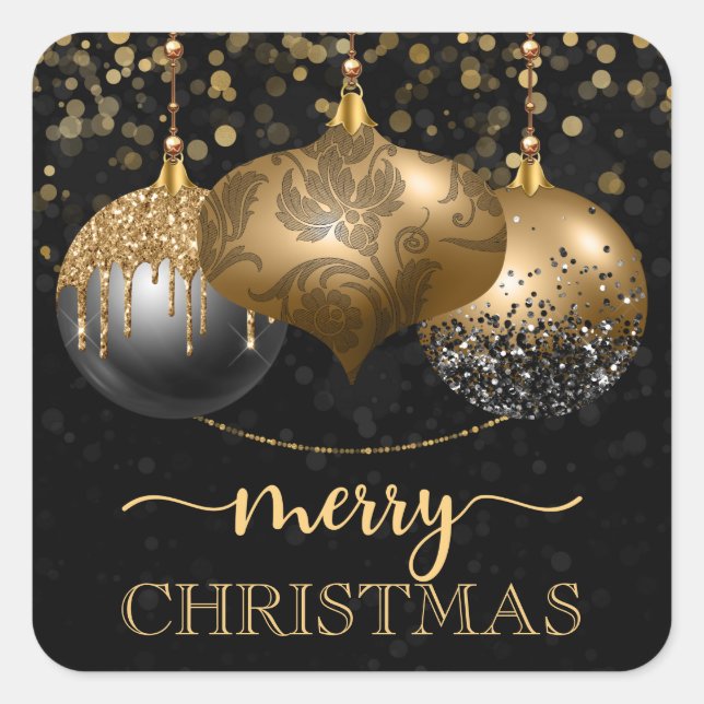 Elegant Black and Gold Baubles Merry Christmas Square Sticker (Front)
