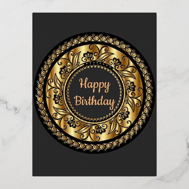 Elegant Black and Gold Birthday Foil Holiday Postcard (Front)