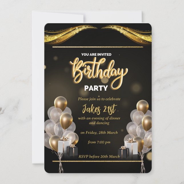 Elegant Black and Gold Birthday Invitation (Front)