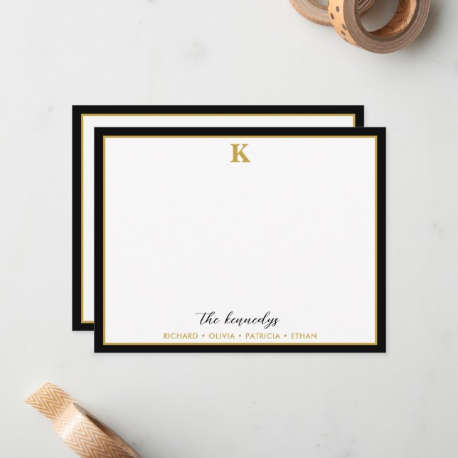 Elegant Black And Gold Border Family Name Monogram Card (Front/Back In Situ)
