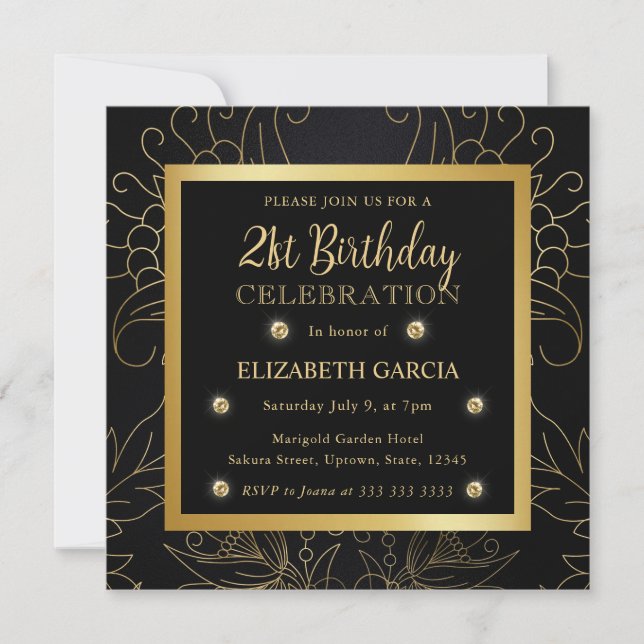 Elegant Black and Gold Botanical 21st Birthday Invitation (Front)