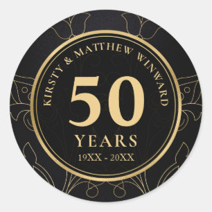 Elegant Black and Gold Botanical 50th Anniversary Classic Round Sticker