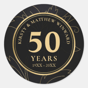 Elegant Black and Gold Botanical 50th Anniversary Classic Round Sticker