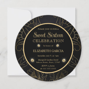 Elegant Black and Gold Botanical Sweet Sixteen Invitation