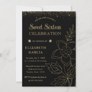 Elegant Black and Gold Botanical Sweet Sixteen Invitation