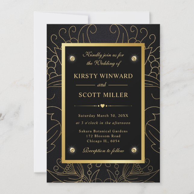 Elegant Black and Gold Botanical Wedding Invitation (Front)