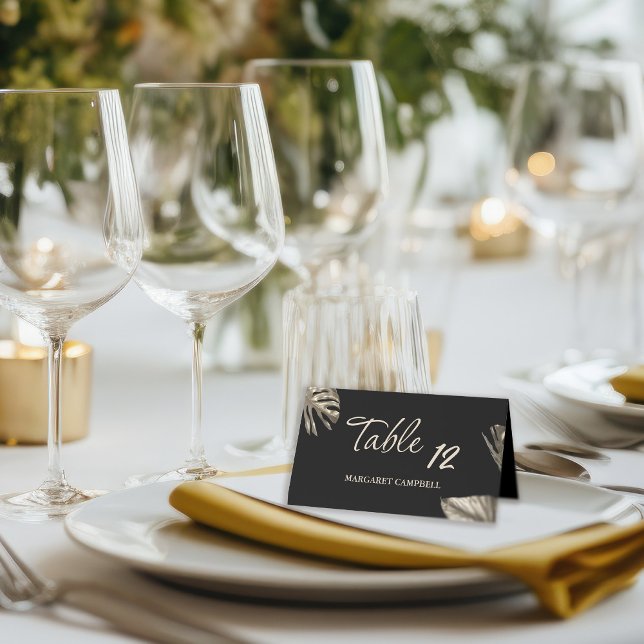 Elegant Black and Gold Botanical Wedding Table Place Card (Creator Uploaded)