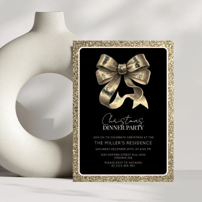 Elegant Black and Gold Bow Christmas Dinner Party  Invitation (Creator Uploaded)