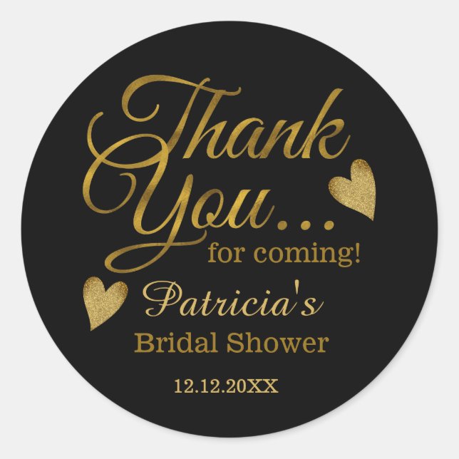 Elegant Black And Gold Bridal Shower Thank You Classic Round Sticker (Front)