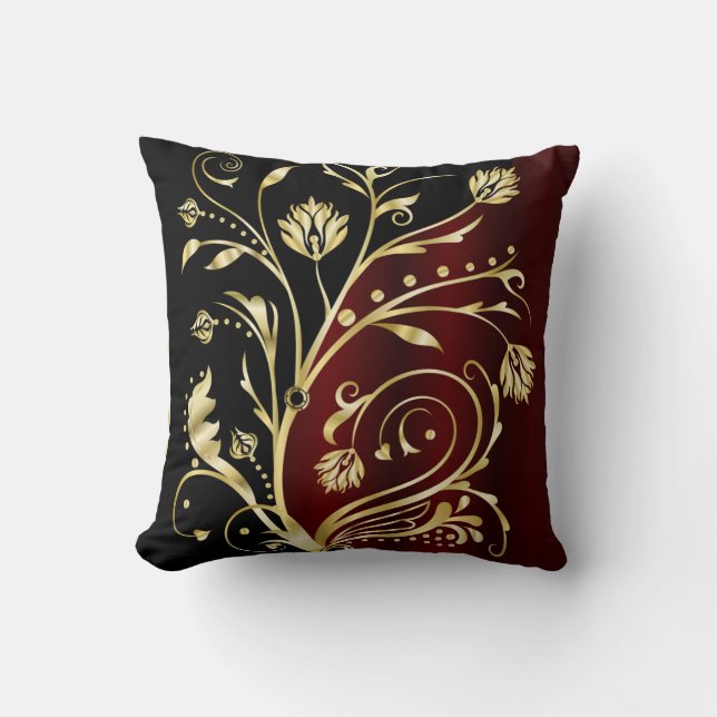 Elegant black and gold burgundy vintage damask cushion (Front)