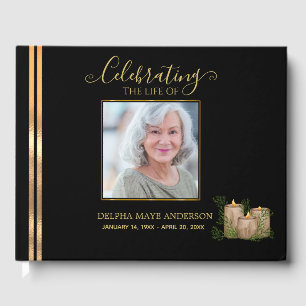Elegant Black and Gold Candles Memorial Guest Book