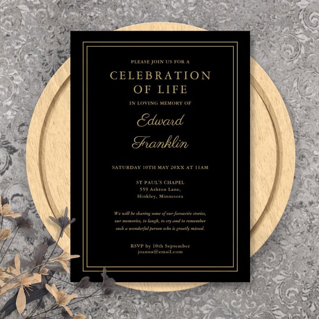 Elegant Black And Gold Celebration Of Life Funeral Invitation (Elegant Black And Gold Celebration Of Life Funeral Invitation)