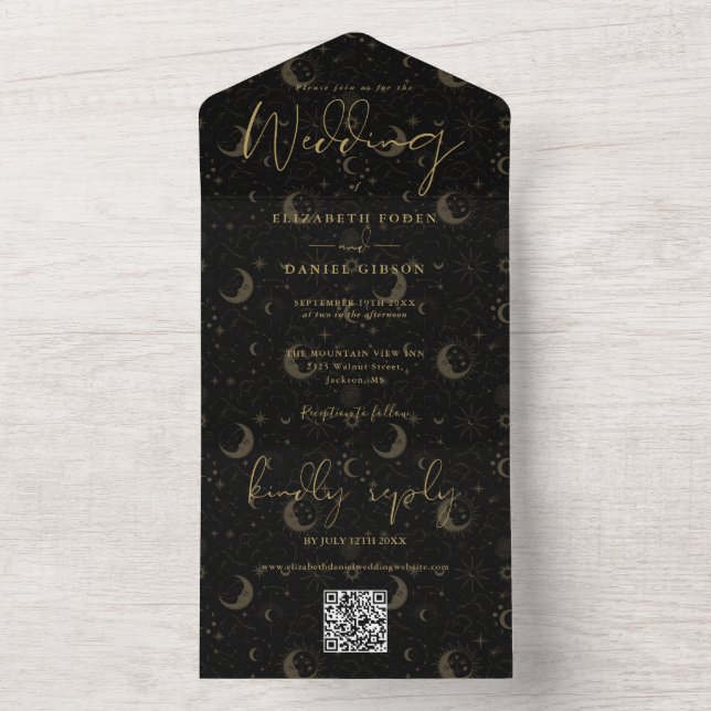 Elegant Black And Gold Celestial QR Code Wedding All In One Invitation (Inside)