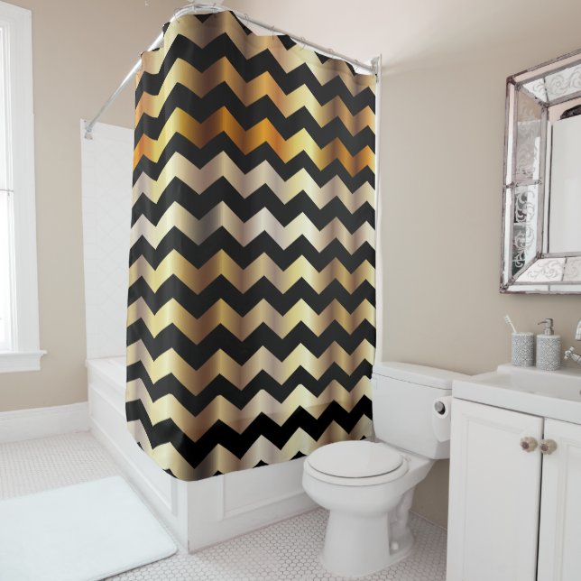 Elegant Black and Gold Chevron Stripes Shower Curtain (In Situ)