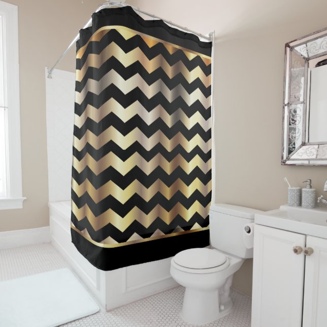 Elegant Black and Gold Chevron Stripes Shower Curtain (In Situ)