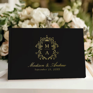 Elegant Black and Gold Chinoiserie Crest Wedding Guest Book